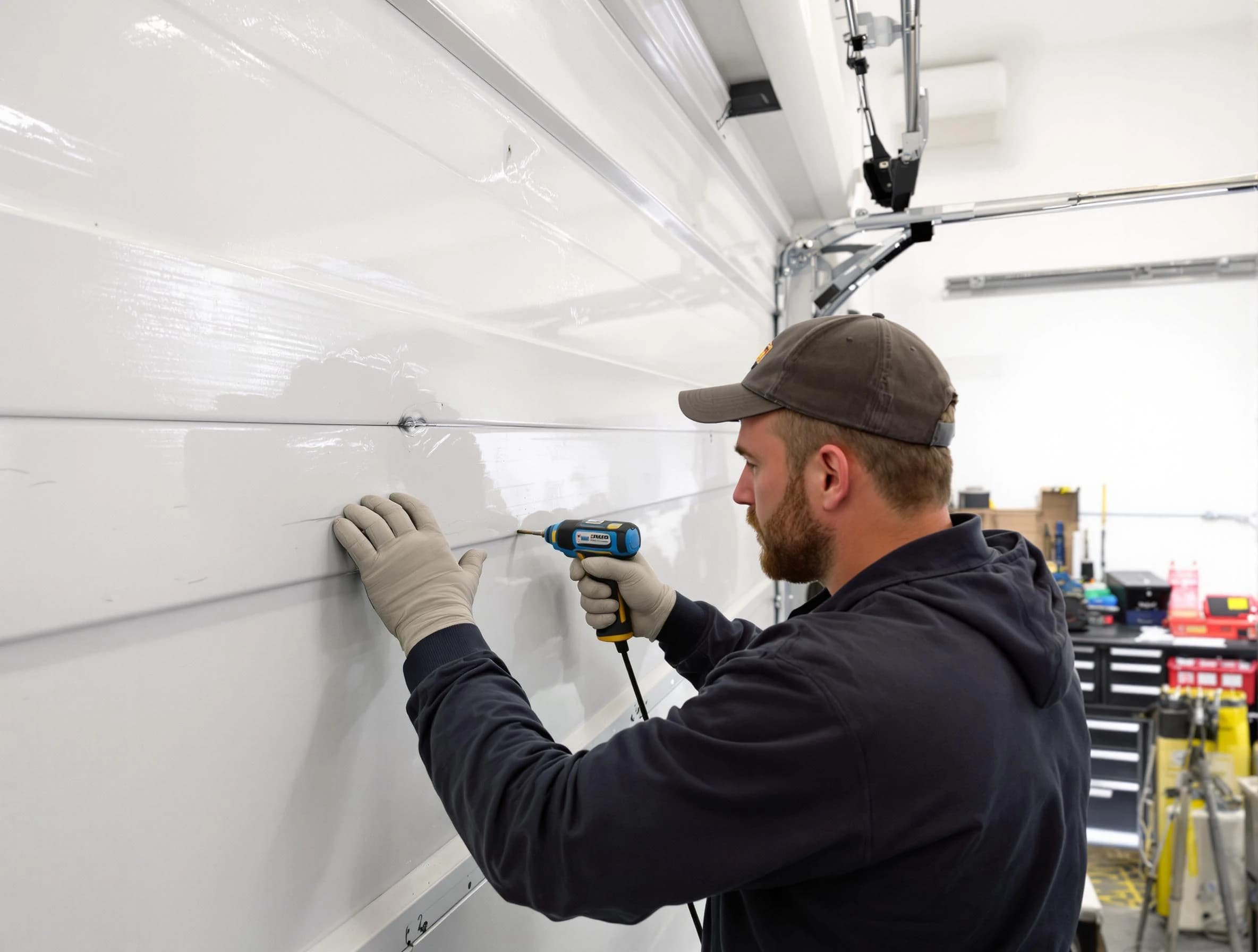 West Windsor Garage Door Repair technician demonstrating precision dent removal techniques on a West Windsor garage door